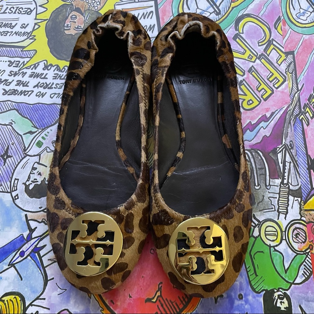 Tory Burch Brown Leopard Print Calf Hair Reva Ballet Flats